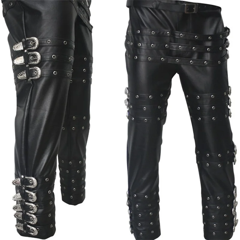 Мужские кожаные брюки MJ штаны с имитацией кожи в стиле панк-рок | Мужская одежда