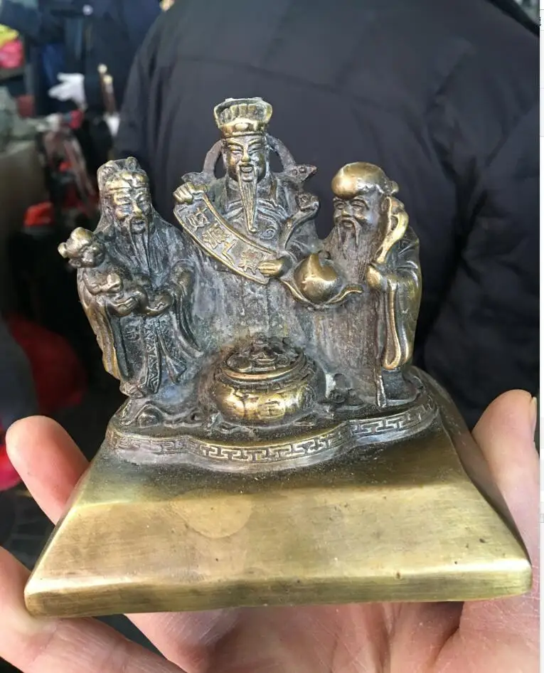 

free shipping Classic Chinese Bronze 3 Longevity God Fu Lu Shou Life Kid Peach Seat Set Statue 10cm