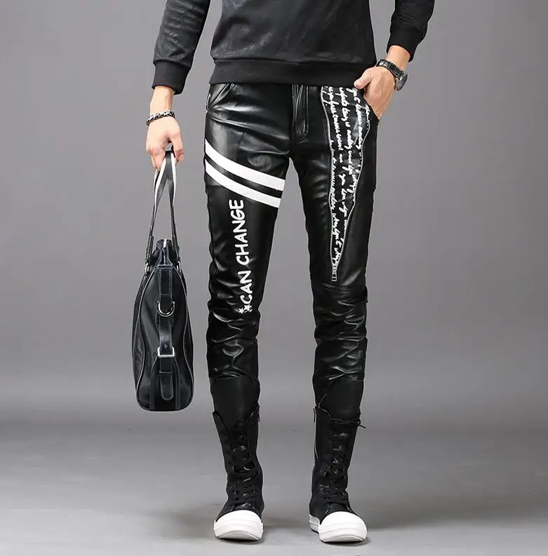 Осень-зима модные тонкие мотоциклетные кожаные штаны Мужские повседневные брюки