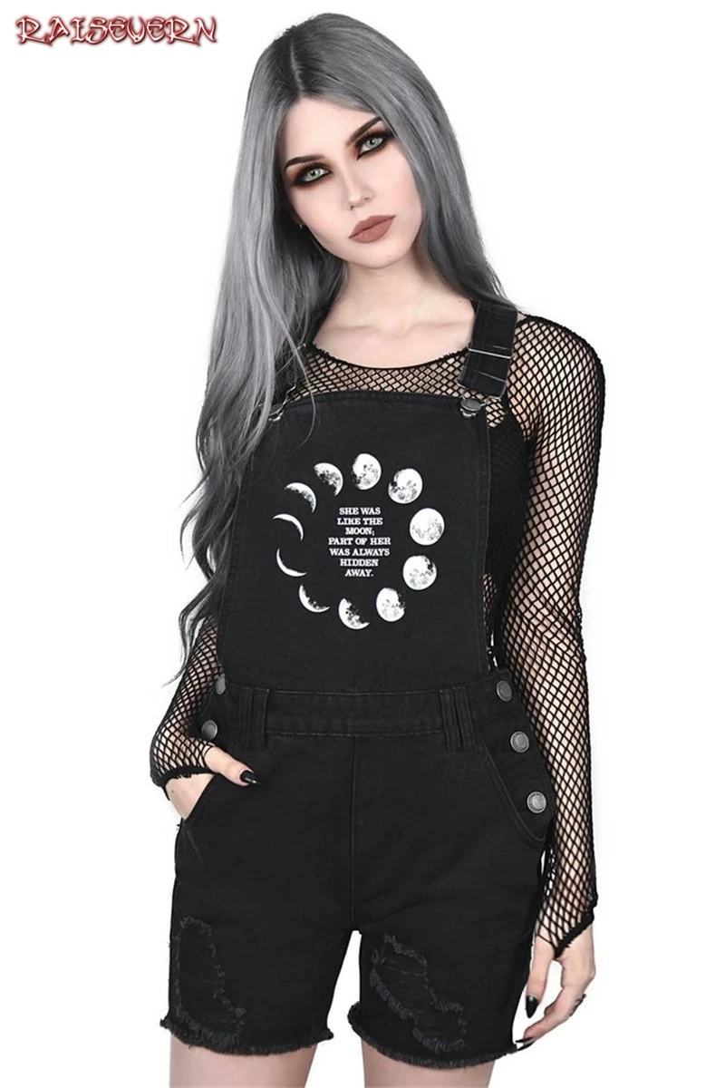 RAISEVERN Casual Jumpsuit Short Women Overall Gothic Hollow Cross Suspender Playsuit Summer Streetwear Hipster Black Romper