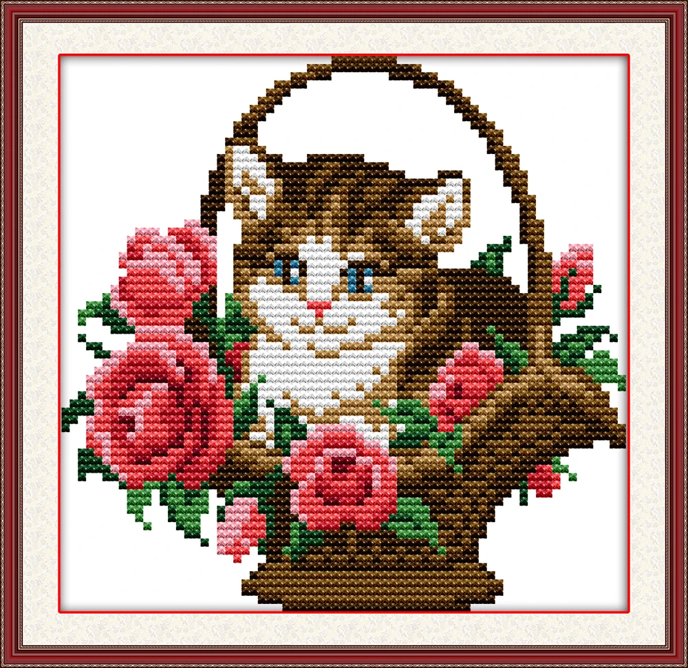 Цветочная корзина с котом Набор для вышивки крестиком домашний декор цветочные