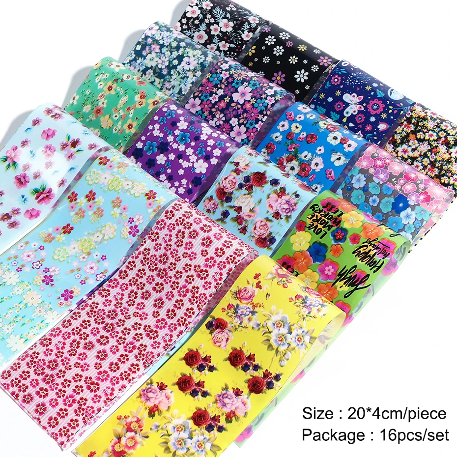 16pcs Starry Sky Foil For Nails Colorful Bloom Flowers Sliders Nail Art Transfer Foil Decal Gel Full Wrap Decorations Set LA1024