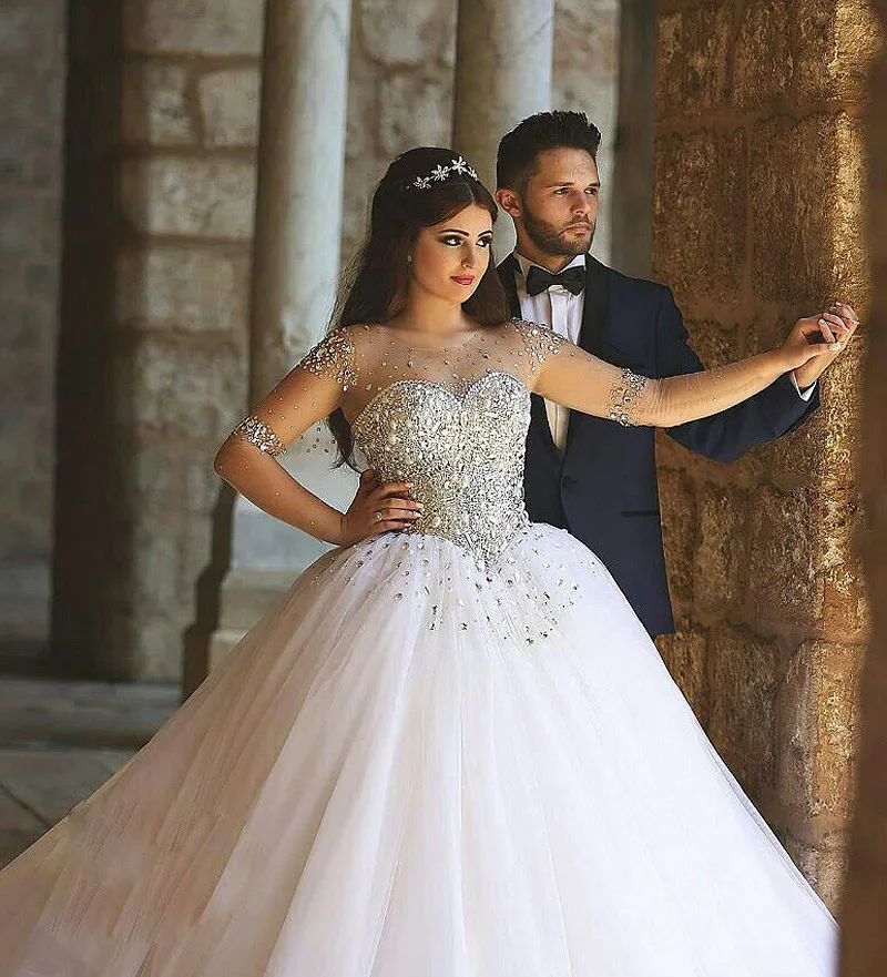 Shining Beading Corset with Sheer Long Sleeves Ball Gown Wedding Dresses 2017 Plus Size Tulle Skirt Bridal Gowns HS11 | Свадьбы и