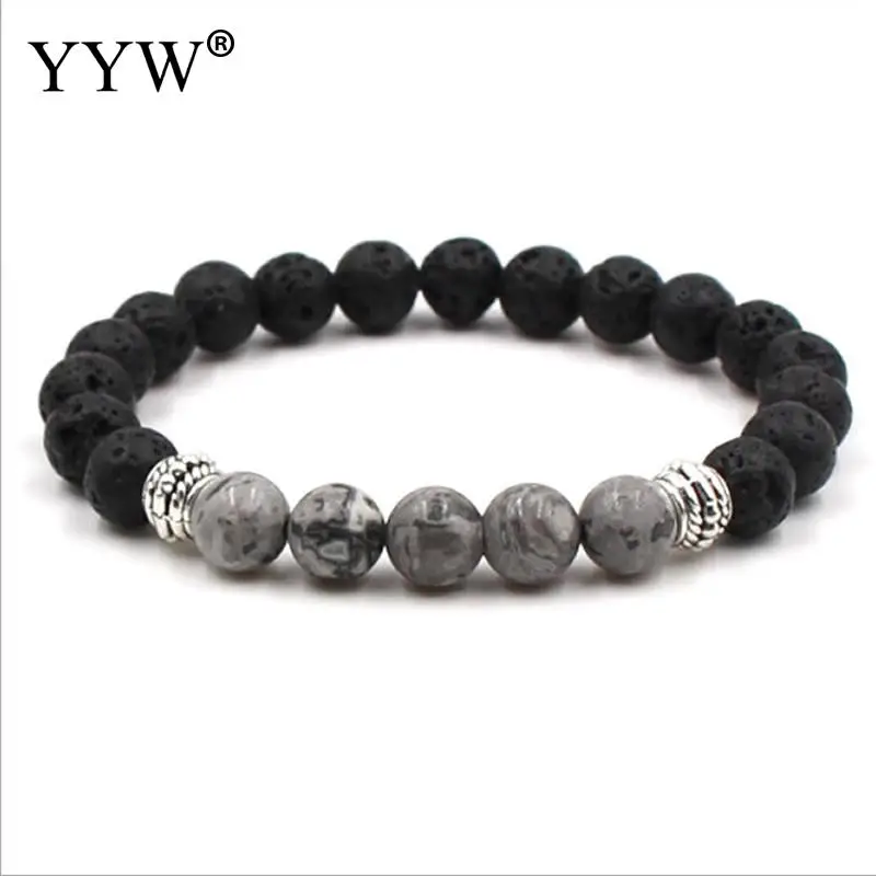 grey stone Классические минеральные бусины браслеты и браслеты натуральный круглый Лапис Лава камень Комбинированный браслет мужская бижутерия женский браслет - Окраска металла: grey stone