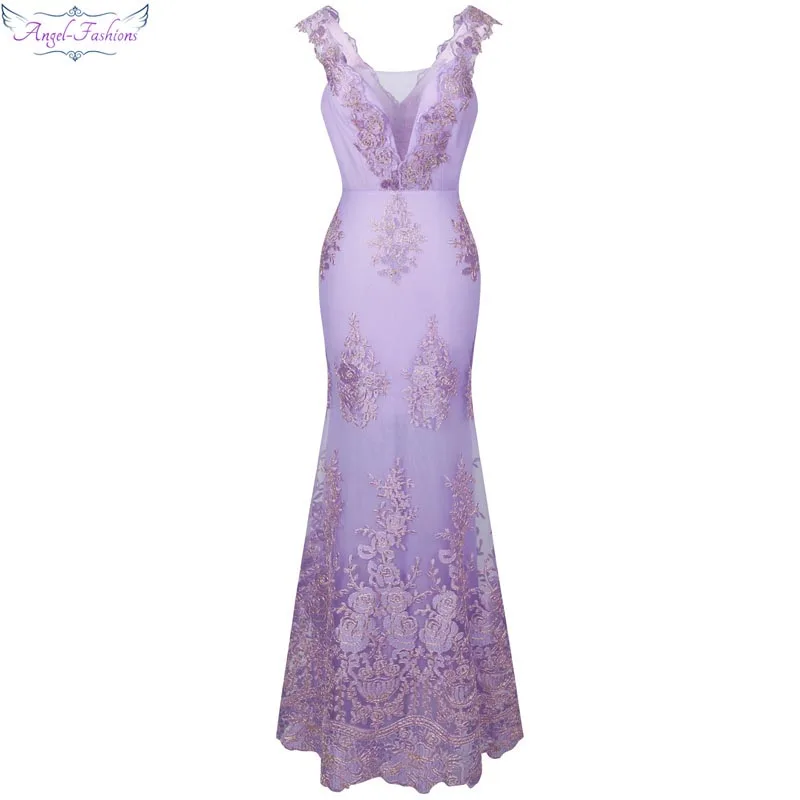 Angel-Fashion женское кружевное платье с v-образным вырезом и вышивкой, длинное платье русалки для выпускного вечера, светильник лавандового, небесно-голубого цвета 310 - Цвет: Light Lavender
