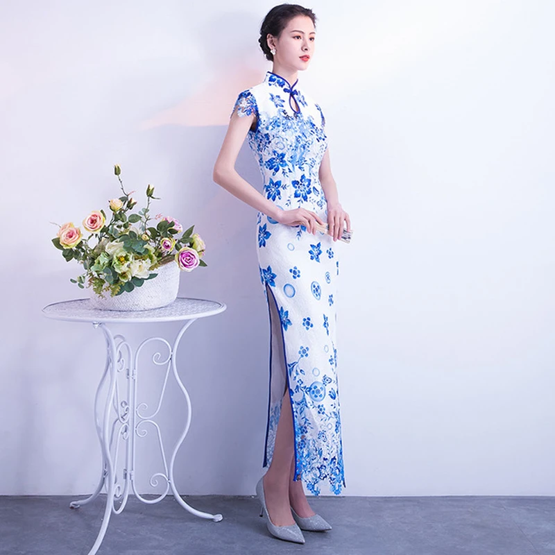 Синий белый фарфоровый чеонгсам сексуальное Qipao длинное модное раздельное