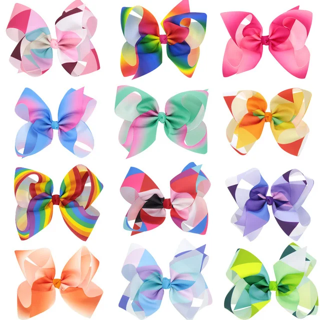 

24pcs/lot latest Grosgrain Ribbon 6'' Hair Bows With Alliator Clips Cartoon Boutique Rainbows hairbow 6 inches bows