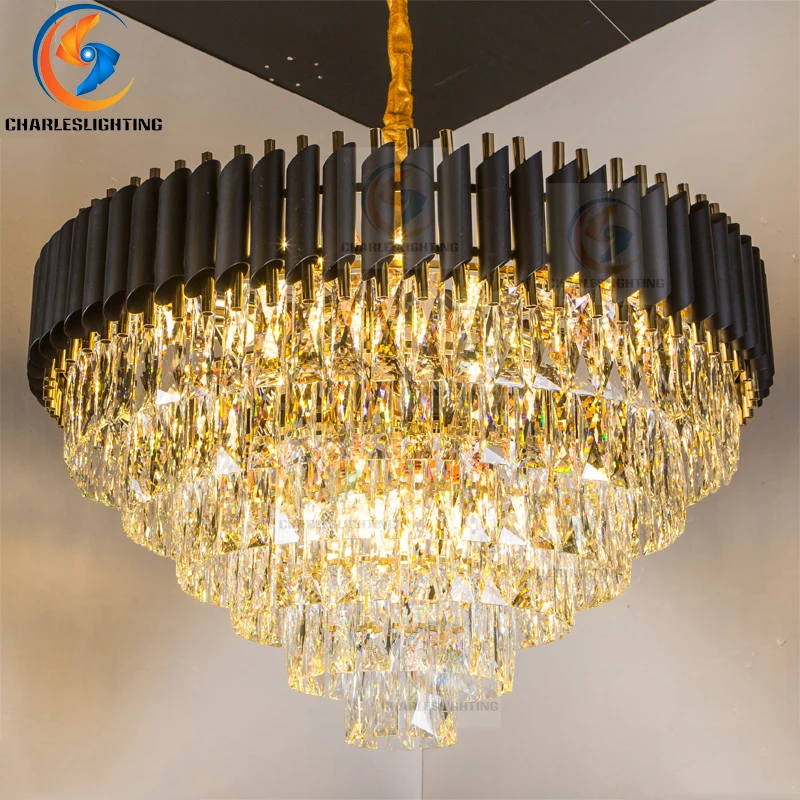 

2018 Newest Hotel Luxury K9 Crystal Lustre Led Pendant Lights Plate Gold Round Hanging Lamp Luminaria Lighting Fixtures With E14