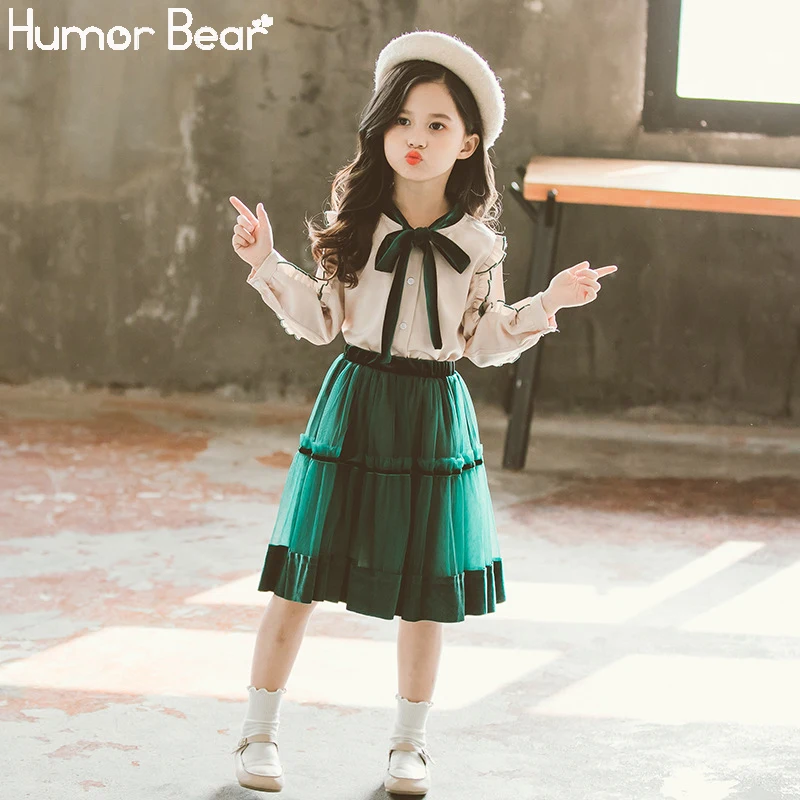 Humor Bear/Коллекция года, Осенний Детский костюм для девочек корейская модная футболка с оборками+ юбка в сеточку комплект из 2 предметов комплект детской одежды