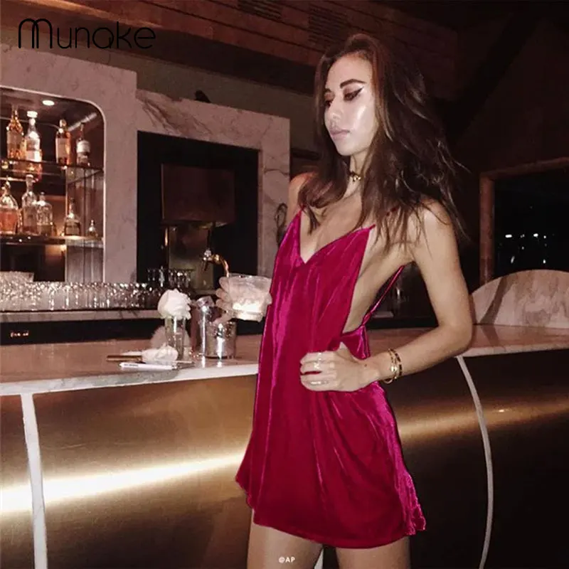 MUNAKE 2017 спагетти ремень Бархат summer beach dress sexy v образным вырезом женский клуб платья