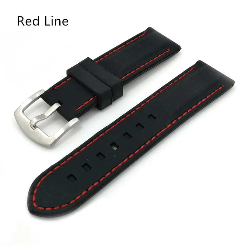 red lin 20 мм, 22 мм, 24 мм, 26 мм, черный силиконовый резиновый ремешок для часов, ремешок для часов, водонепроницаемые Ремешки для наручных часов, утолщенная Пряжка из нержавеющей стали 316L - Цвет ремешка: red lin