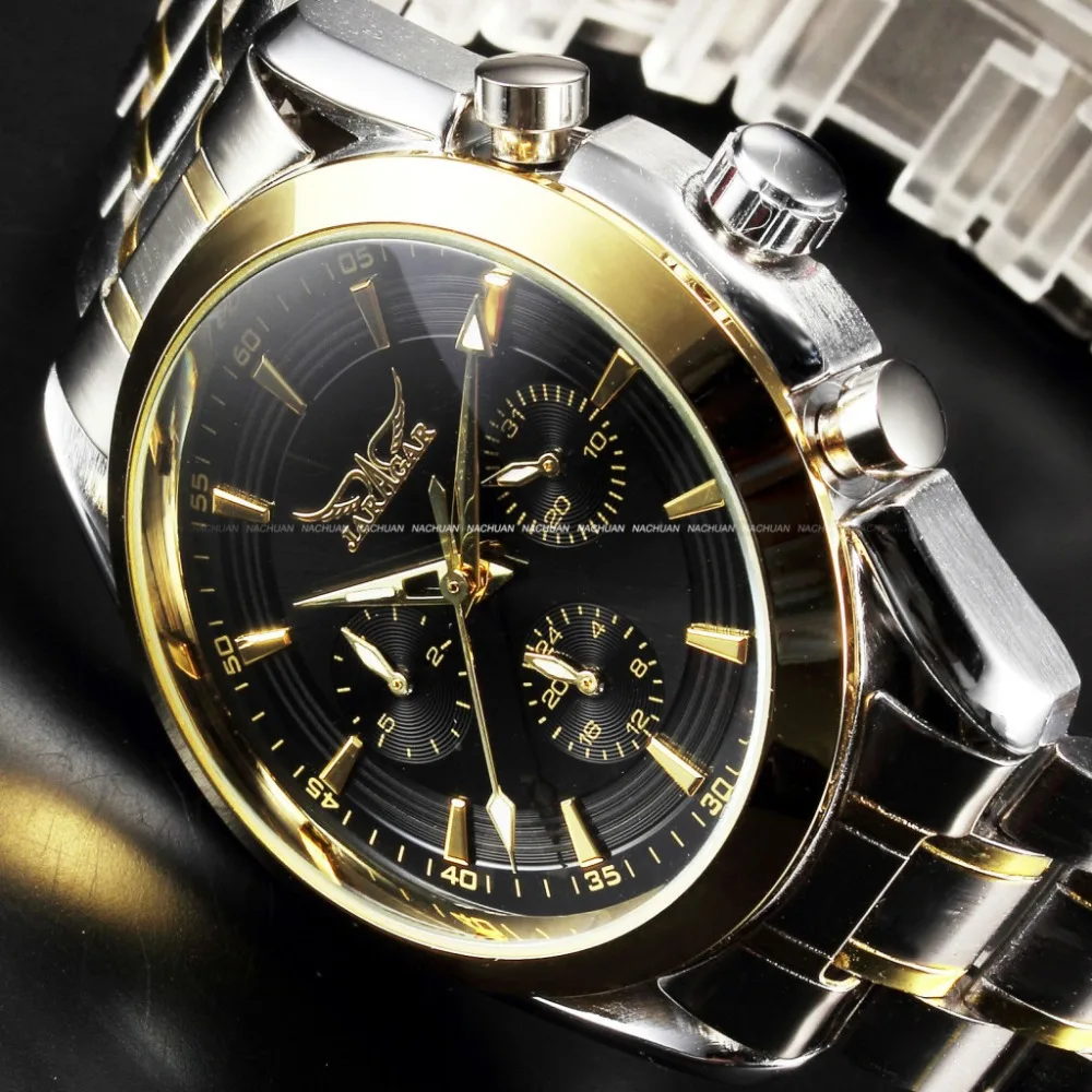 

Jaragar Luxury Brand 3 Dials Date Mens Mechanical Watch Stainless Steel Golden Business Clock Man Sports Wrist relogio masculino