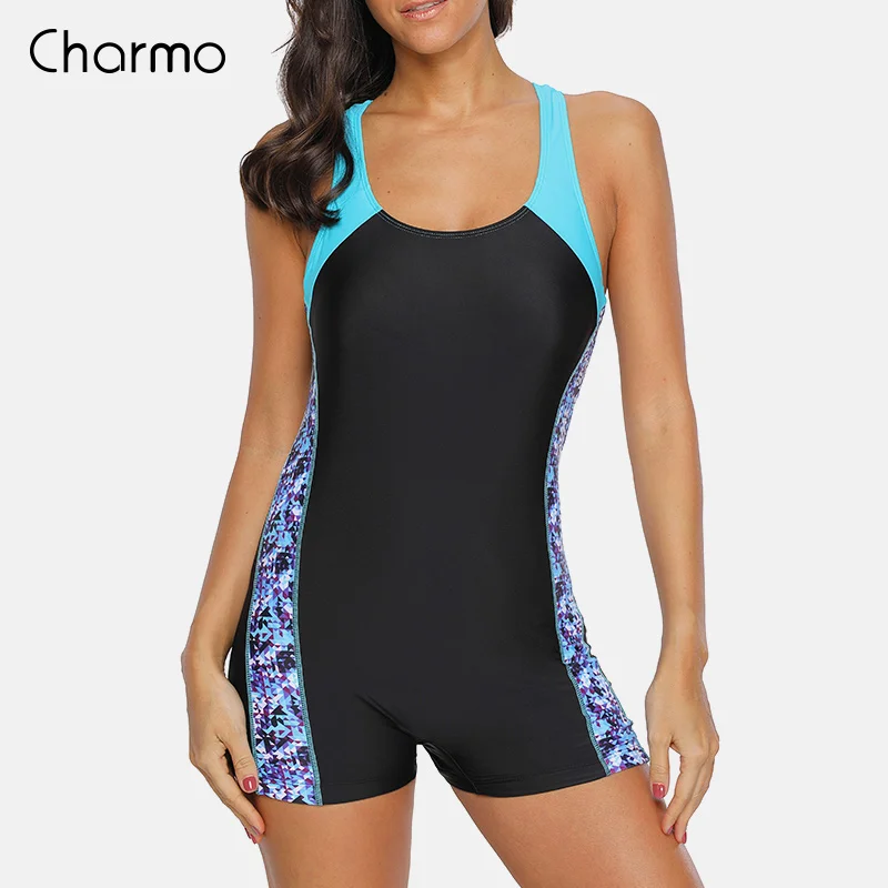 Charmo  One Piece Women Sports Swimsuit Athletic Racerback Swimwear Pad Bikini Boy leg Beach Wear Bathing Suits printed Monokini