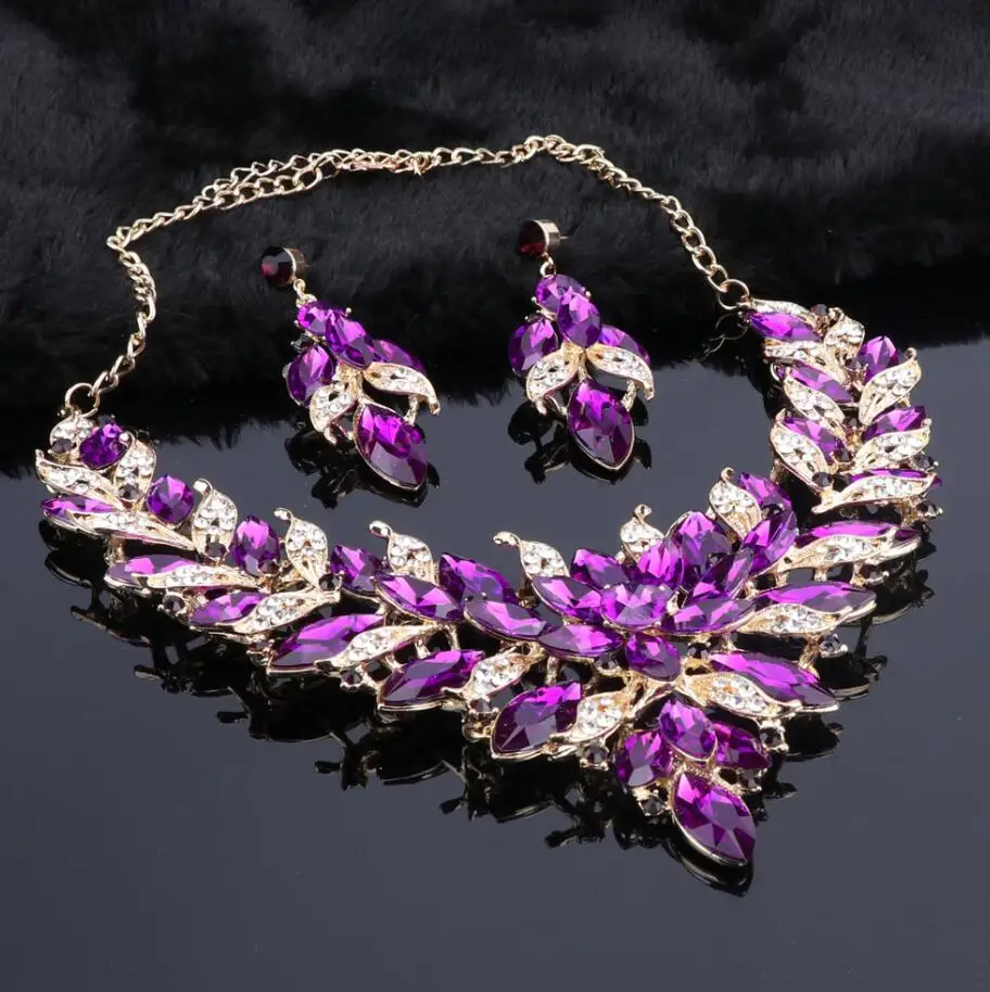 Purple Роскошный цветок индийский свадебный ювелирный набор свадебный костюм золотого цвета ожерелье серьги набор кристалл набор ювелирных изделий для невест женщин - Окраска металла: Purple