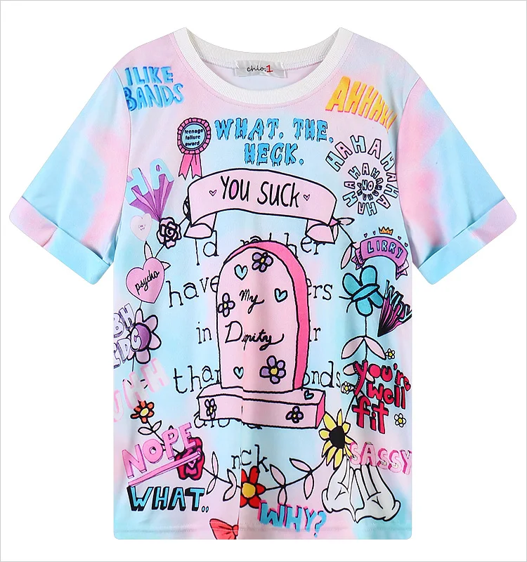 2019 женские футболки Харадзюку градиентный надгробный камень мягкая короткая