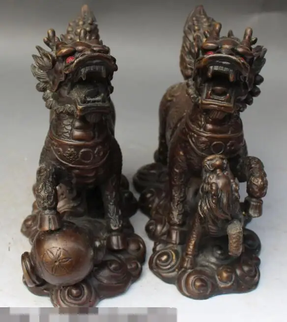 

Free shipping S00146 10" Chinese Fengshui Bronze Palace Door Kylin Chi-lin Qilin Unicorn Kirin Pair