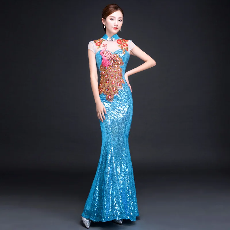 lake bluw Невесты Cheongsam длинное современное Qipao кружевное сексуальное зеленое китайское Восточное стильное платье традиционное свадебное платье Женская мода S-3XL - Цвет: lake bluw