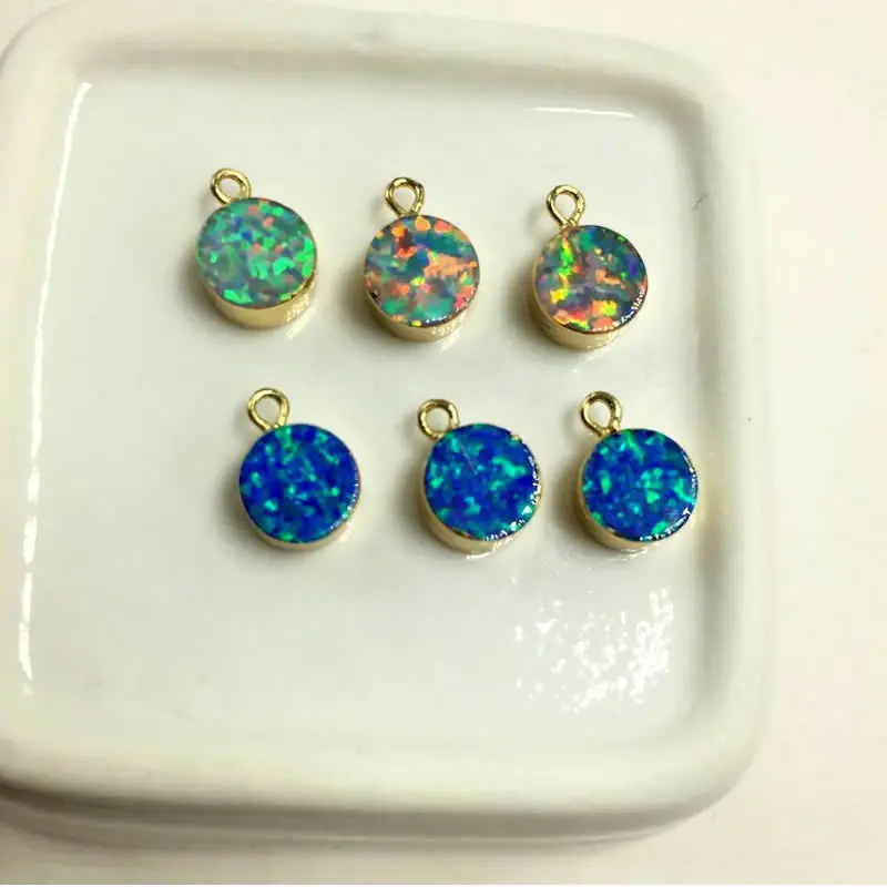 5PCS New 7mm Round Gold Color White and Blue Japanese Opal Charms Man-made Opal Small pendant Charms Jewelry for Necklace Making