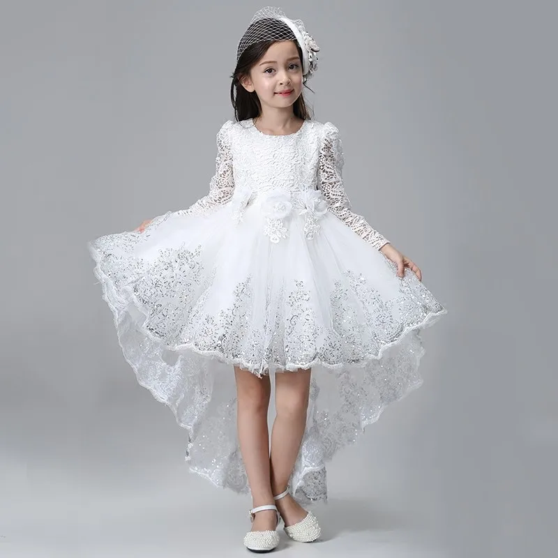 Elegant Lace Long Sleeves Princess Girls Dovetail Dress Kids Children Trailing Sequins Flower White Birthday Party Prom | Детская одежда