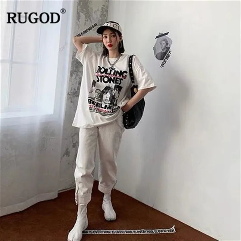 RUGOD Harajuku стиль модная женская футболка rolling stone Принт Свободные Короткие рукава белый Уличная modis летние женские топы