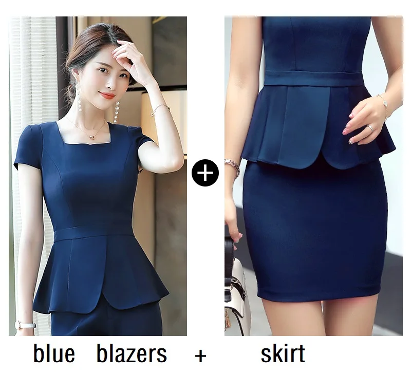 blue blazers skirt Женские костюмы тонкие летние с коротким рукавом блейзеры брюки 2-шт Набор OL формальные деловые женские брючные костюмы женские комплекты костюмы - Цвет: blue blazers skirt