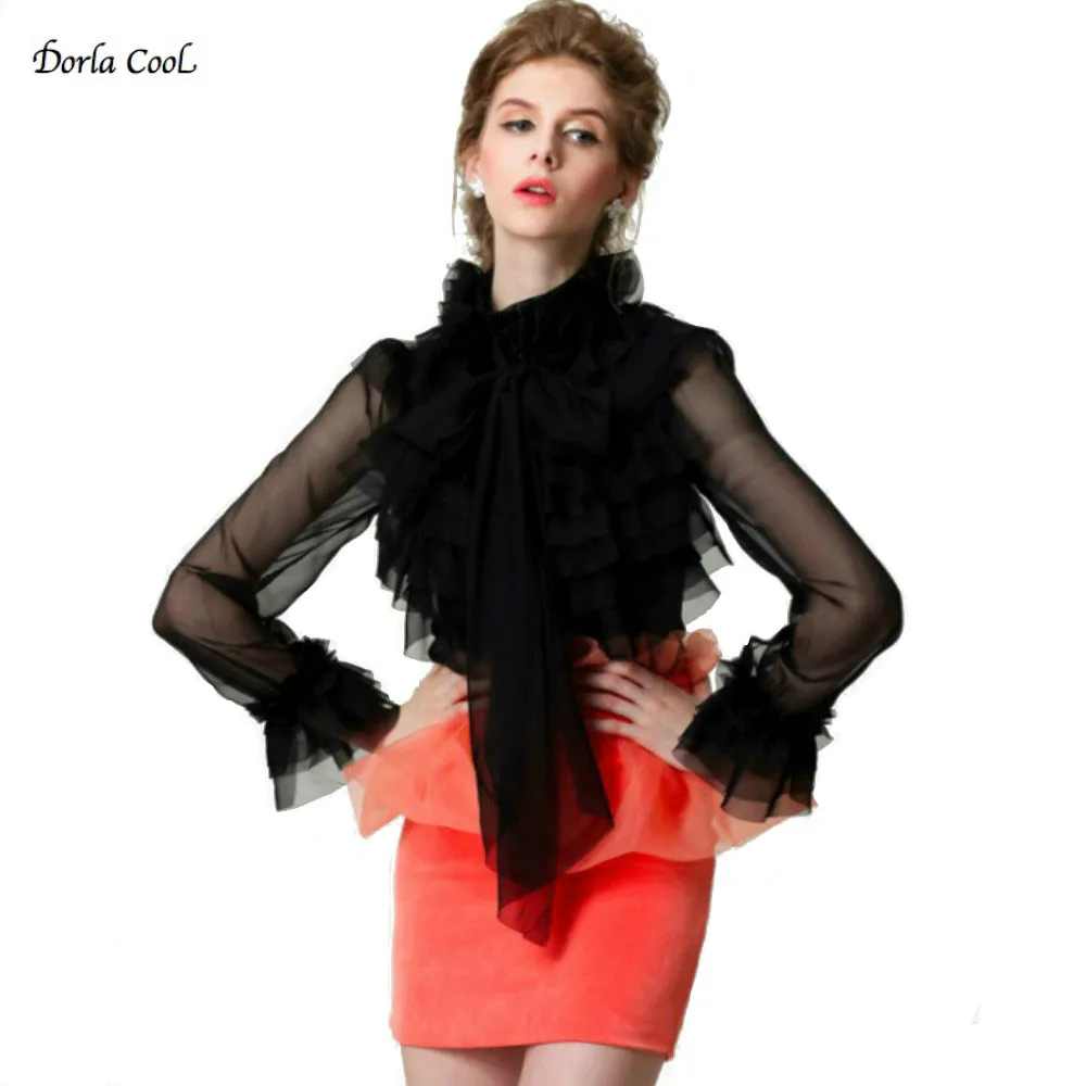 

Dorla Cool Women Blouse Sexy Lace Black Blouses 2021 Summer Lady Shirt Female Chiffon Royal Court Women's Retro Top Shirts Hot!