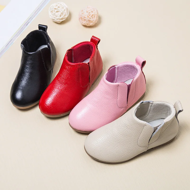 

Girls and Boys Solid Genuine Leather Shoes with Flat, Children's Soft Fashion Ankle Boots, Pink, Red, White, Black, size 21-30