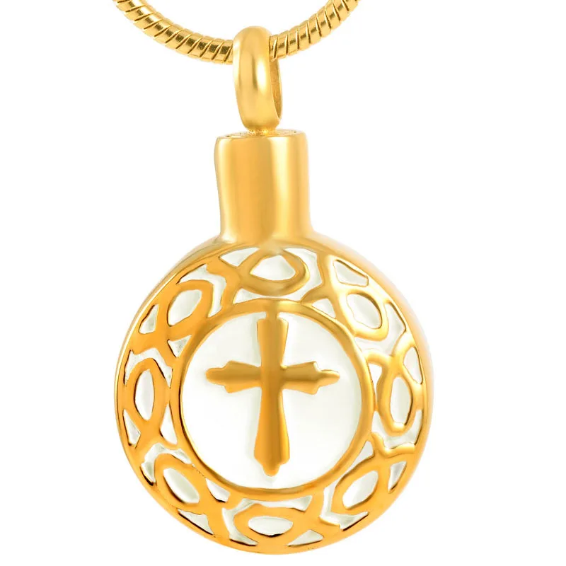 Silver gold and rose tone round memorial cremation urn funeral pendants with cross logo inlay ashes holder keepsake |