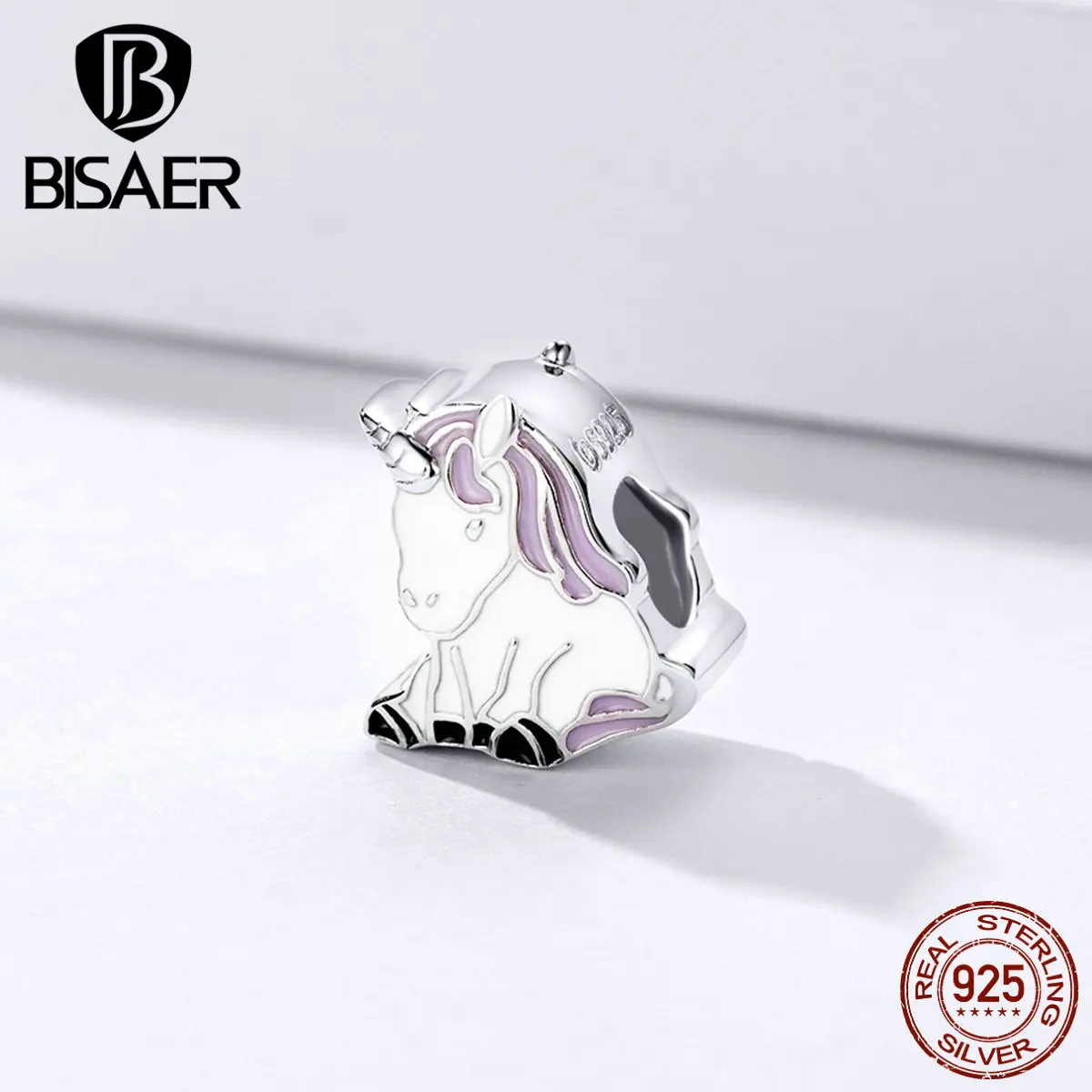 BISAER единорог, 925 пробы, серебряный, розовый, единорог, бусины, чистая любовь, животные, подвески, подходят для DIY браслетов, серебро 925, ювелирные изделия EFC074