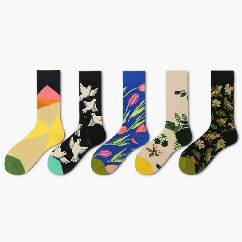 

PEONFLY 5pairs/lot New 2019 Colorful Combed Cotton Happy Socks Men Tulips Lily Sokken Novelty Skateboard Crew Casual Warm Socks