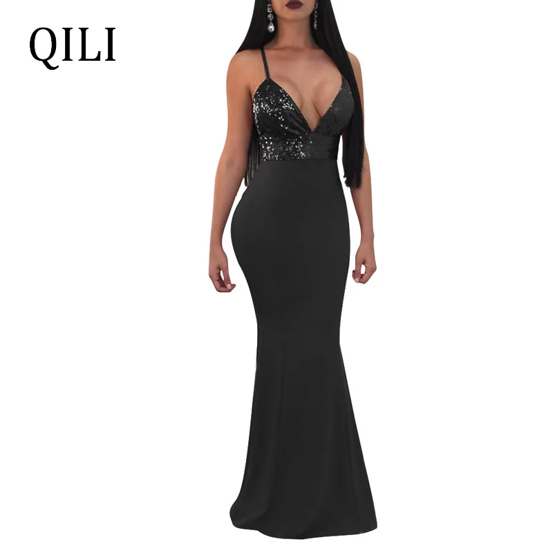 QILI женское длинное платье труба Макси Русалка Спагетти ремень V шеи Bodycon вечернее