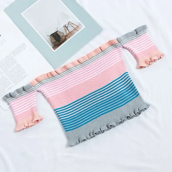 grey stripe Летние милые сексуальные Полосатые укороченные футболки с оборками и вырезом лодочкой, женские трикотажные топы с коротким рукавом для девочек - Цвет: grey stripe