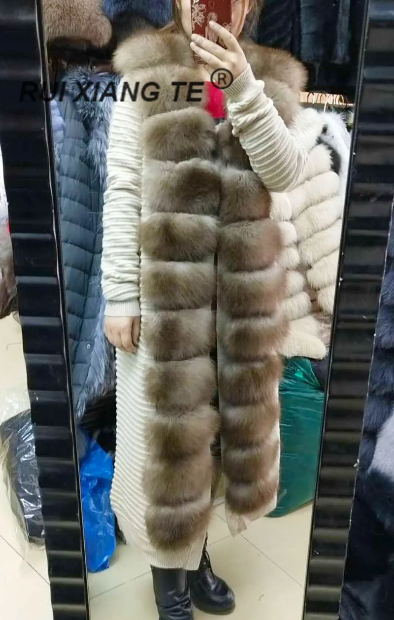 Женское натуральное меховое пальто из натуральной шерсти, вязаное с лисьим воротником, теплое зимнее пальто из натурального Лисьего меха, зимняя Длинная Верхняя одежда RuiXiangTe