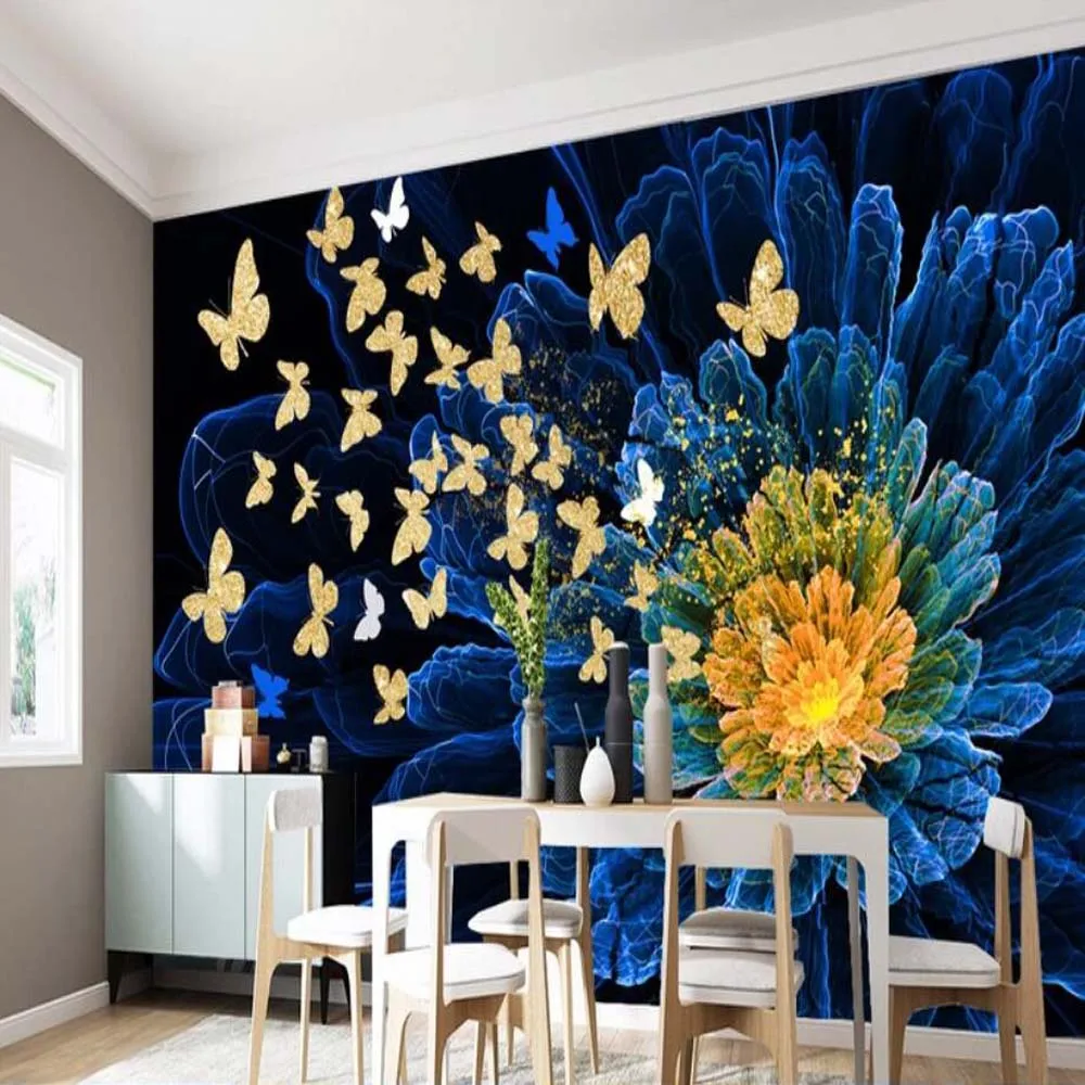 

Modern Blue Flower Butterfly Wallpaper Mural Wall Paper Roll Living Room Home Wall Decor Printed Photo Wallpapers 3d Wall Murals