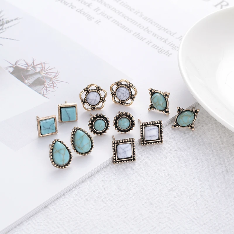 Vintage Geometric Acrylic Stud Earrings For Women Metal Fashion Jewelry Square Waterdrop Stone Flower Small Femme Gifts | Украшения и