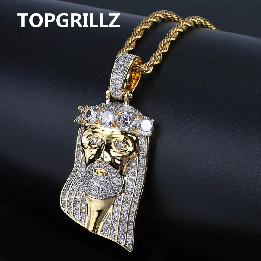Фото TOPGRILLZ хип-хоп новые модные позолоченные большие фианиты ожерелье с кулоном в виде лица Иисуса с кристаллами и тремя типами №1