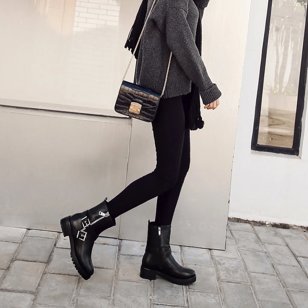 Donna-in Genuine Leather Mid-calf Women Boots Low Heel Wool Lining Winter Snow Shoes 2020 Fashion Metallic Zipper Riding | Обувь