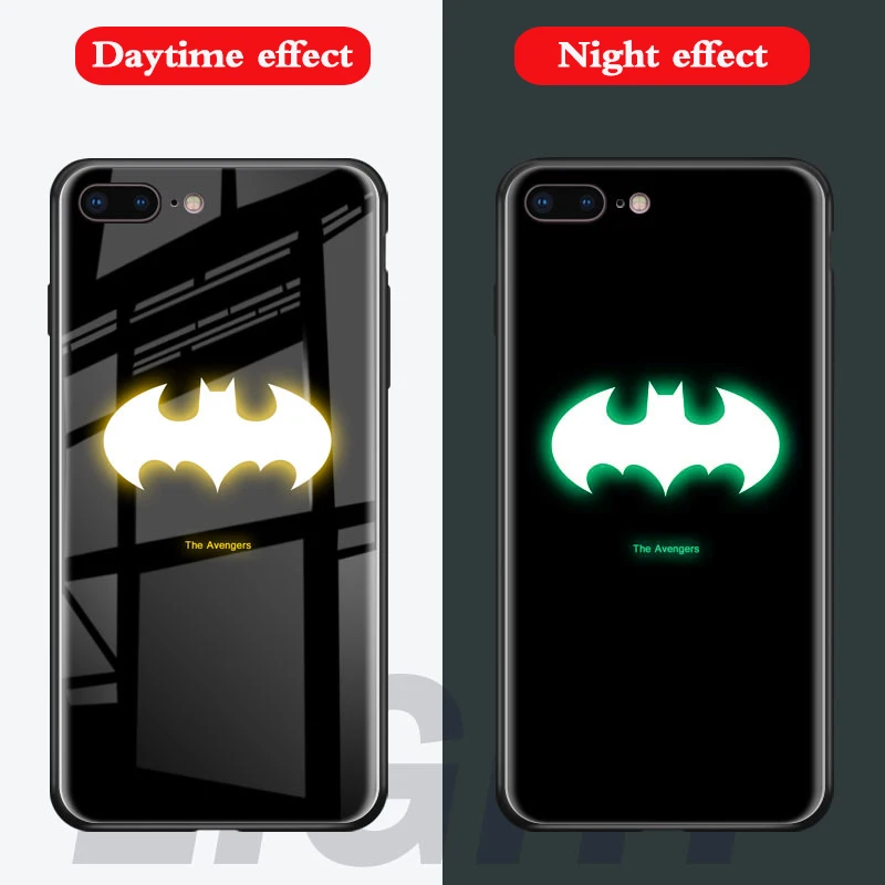 Batman Marvel Мстители Бэтмен чехол в виде светящегося стекла для iphone 7 8 6 6s Plus X 10 черный Человек-паук Железный человек ночной Светильник задняя крышка - Цвет: Batman