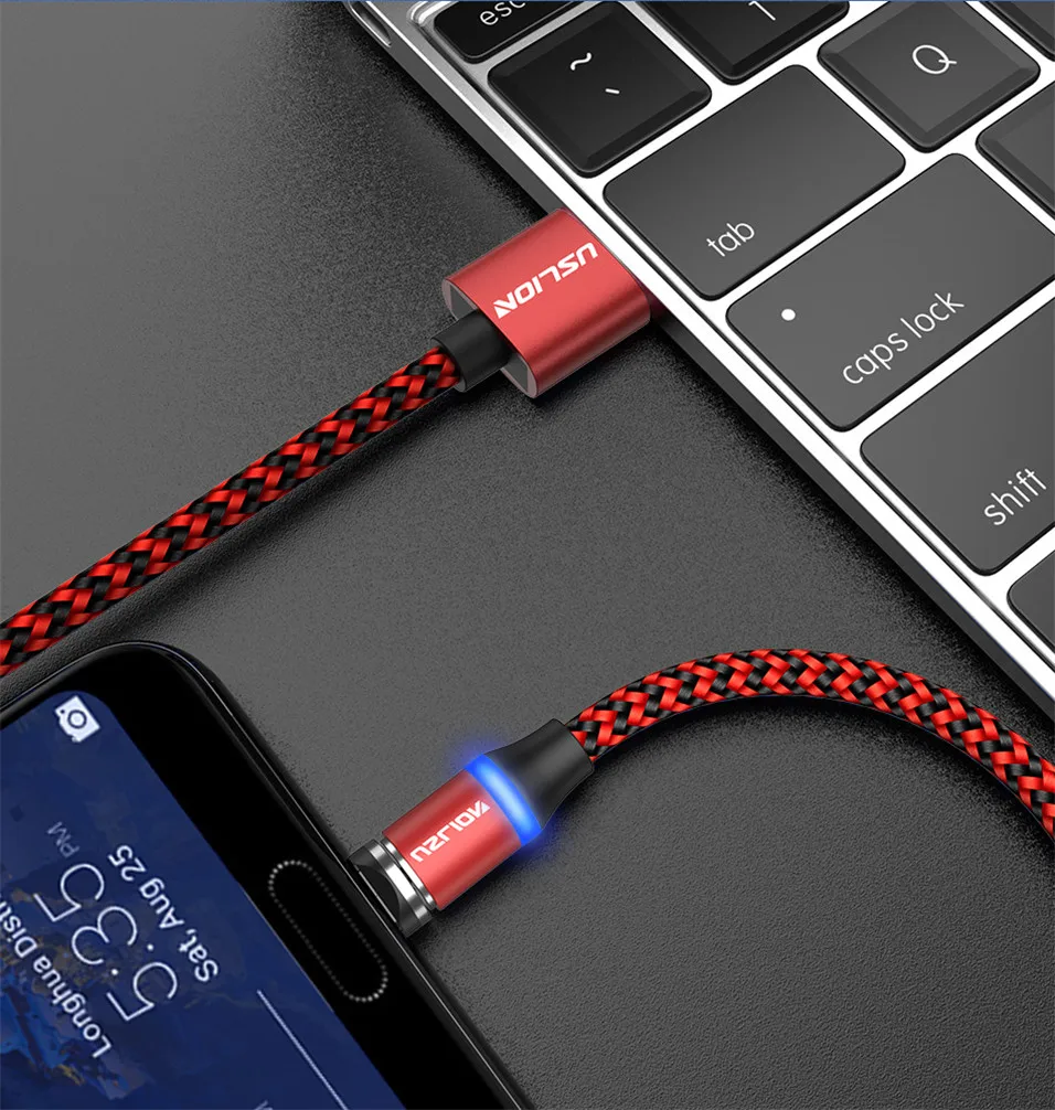 USLION Micro USB кабель usb type C Магнитный Кабо Для Xiaomi samsung S9 S8 для iPhone X нейлоновый Плетеный светодиодный магнитный кабель телефонный кабель