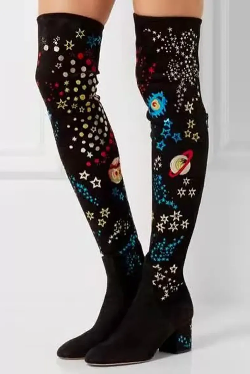 

New fashion starry sky printing knee high boots chunky heel stretch long boots ladies autumn winter shoes med heel high booties