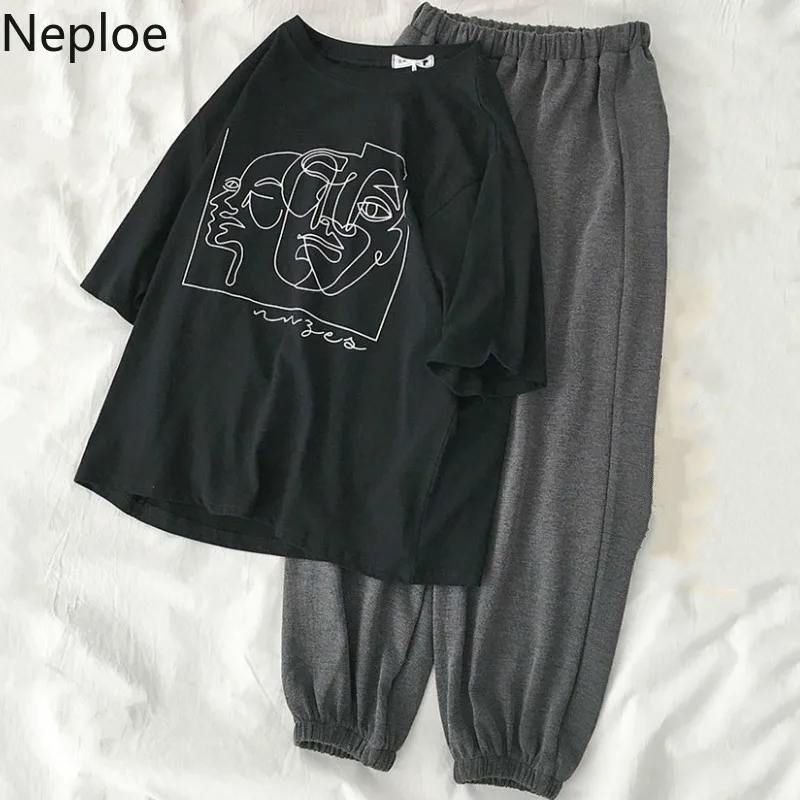 Neploe Женская одежда из двух частей Корейская фигура принт шорты и футболка с