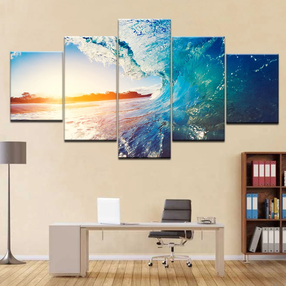 

Canvas Paintings Modular Wall Art Framework 5 Pieces Sunset Glow Beach Sea Waves Poster HD Printed Seascape Pictures Home Decor