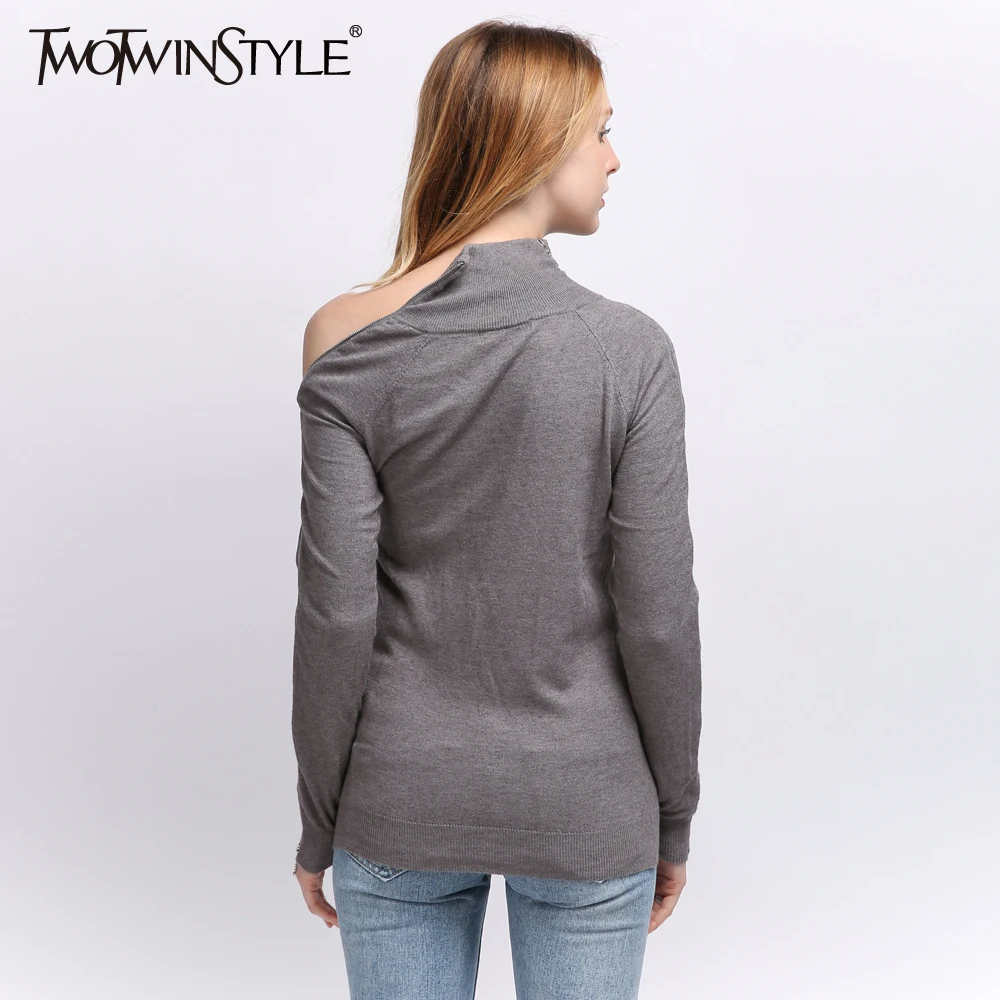 TWOTWINSTYLE 2019 вязанные пуловеры с открытыми плечами свитер для женщин водолазка