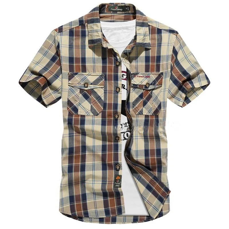 Для мужчин рубашка короткий рукав Повседневная хлопковая в клетку Винтаж