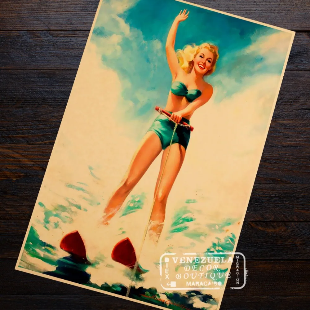 Девушка водные лыжи Pin Up Art Pop лыжный принт путешествие старинный ретро-постер из