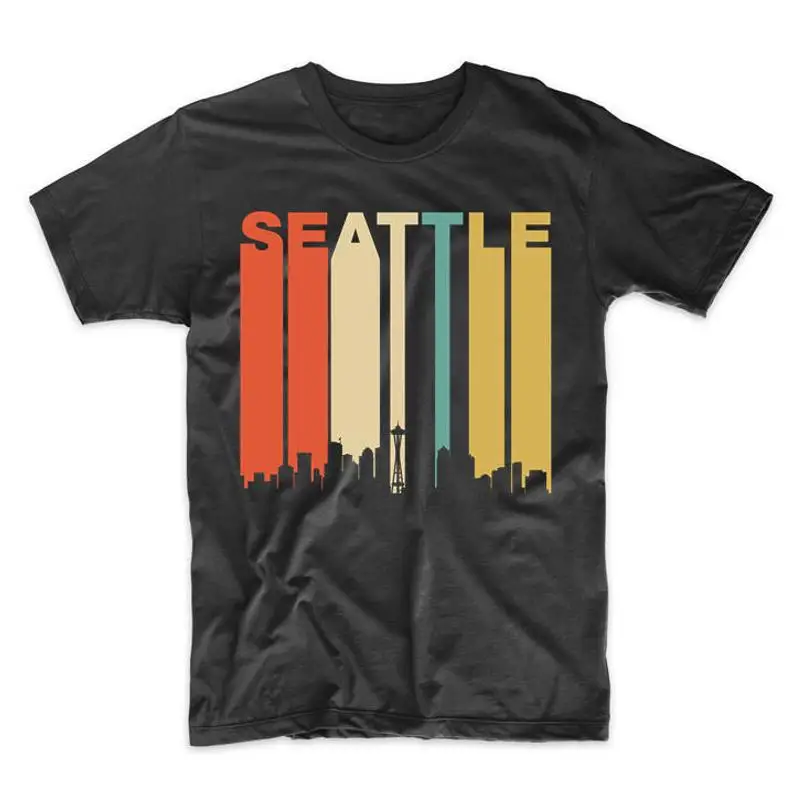 

Vintage Retro 1970'S Style Seattle Washington Cityscape Downtown Skyline 2019 Men Fashion O-Neck Homme Create T Shirt