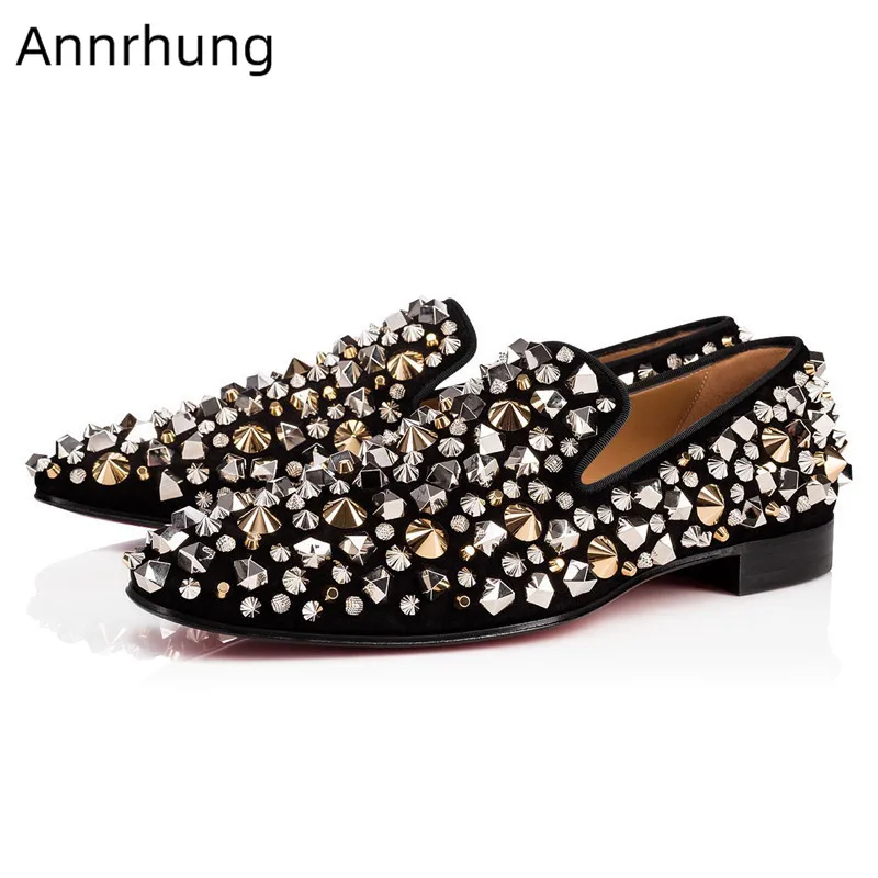 Glitter Rivet Casual Shoes Men Sequin Loafers Round Toe Slip On Flats Genuine Leather Studded Men Shoes Zapatillas Hombre