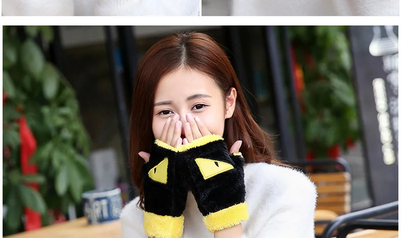 Женские милые прошитой подошве; теплые зимние плюшевые тапочки с монстрами митенки без пальцев Для женщин студент стильная футболка с изображением персонажей видеоигр плюс бархатные толстые теплые перчатки без пальцев L85