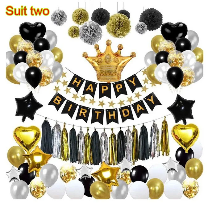 online Ouro Negro Balão Puxe Bandeira Aniversário Layout Rabo De Peixe Bandeira Borla Flor De Papel Bola Estrela De Cinco Pontas-pacote De Balão Decorar
