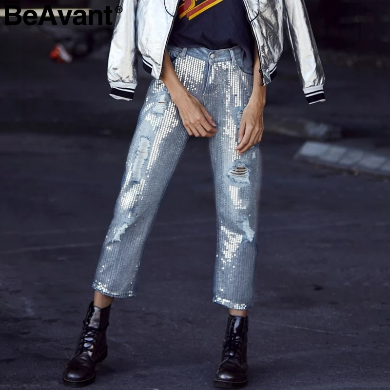 

BeAvant 2018 Spring sequin ripped jeans women Streetwear hole zipper fringe jeans pants Summer casual loose denim trousers femme